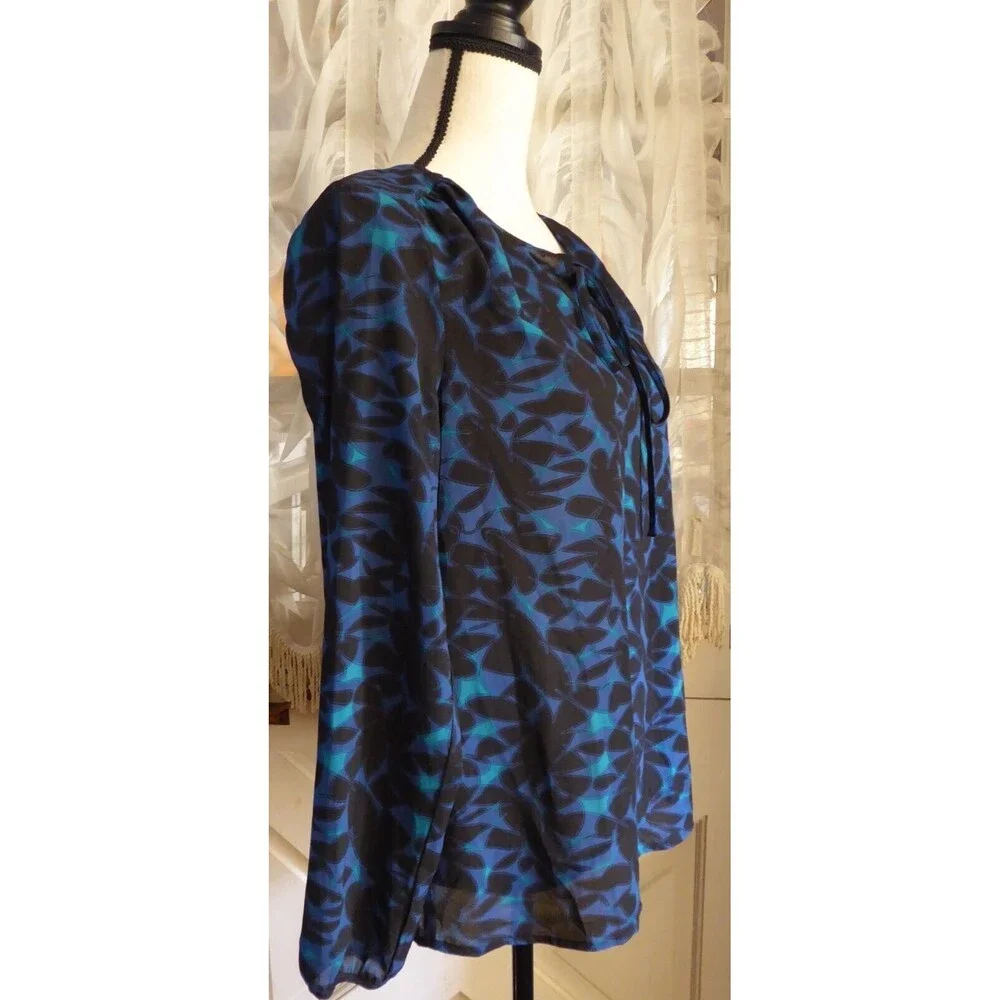 NWT J Crew Women Sheer Blouse Floral Blue Black Long sleeve Relax Fit